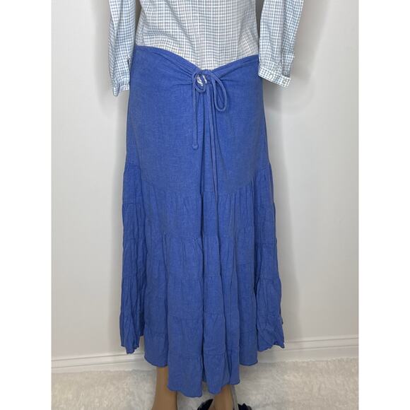 American Vintage Blue Linen Blend Tiered Maxi Skirt pull waist tie medium - Picture 7 of 11